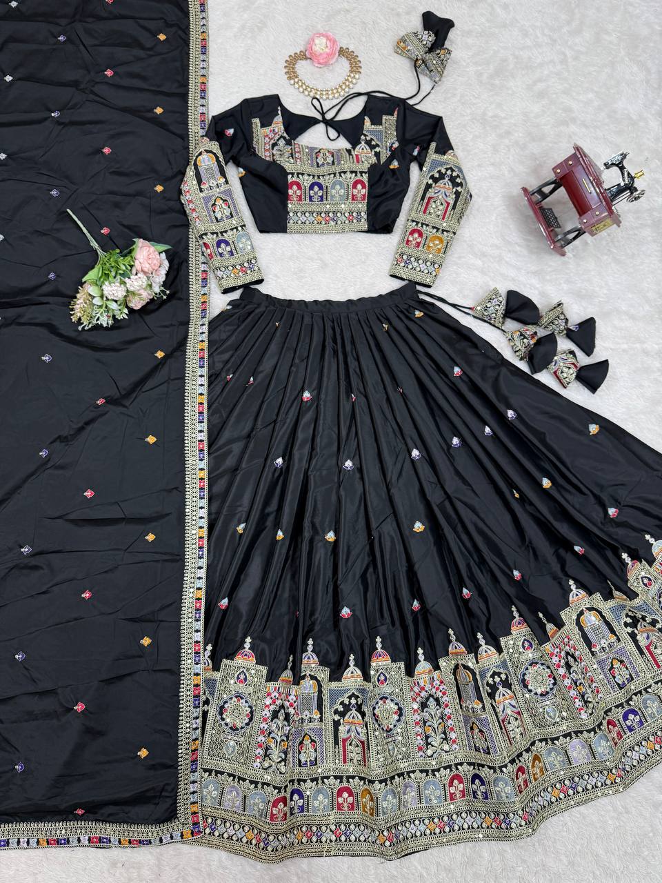 Majestic Midnight Black Designer Lehenga Choli Featuring Intricate Multicolored Architectural Embroidery and Mirror Work